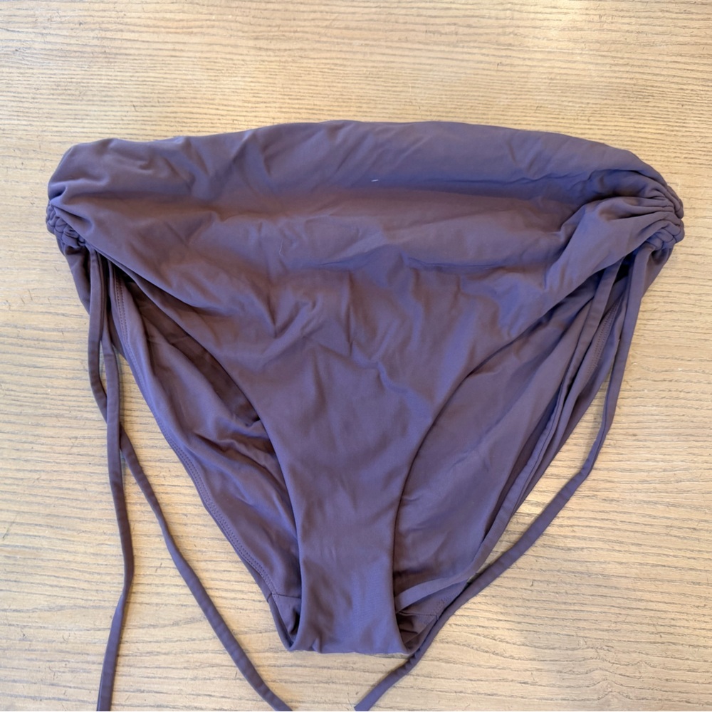 CALIA Women's High Waisted Ruched Side Tie Swim Bottoms Dark Brown